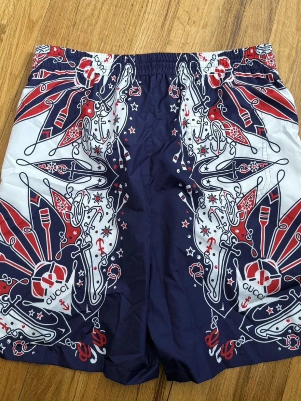 Gucci Men’s Navy, White & Red Graphic Swim Shorts